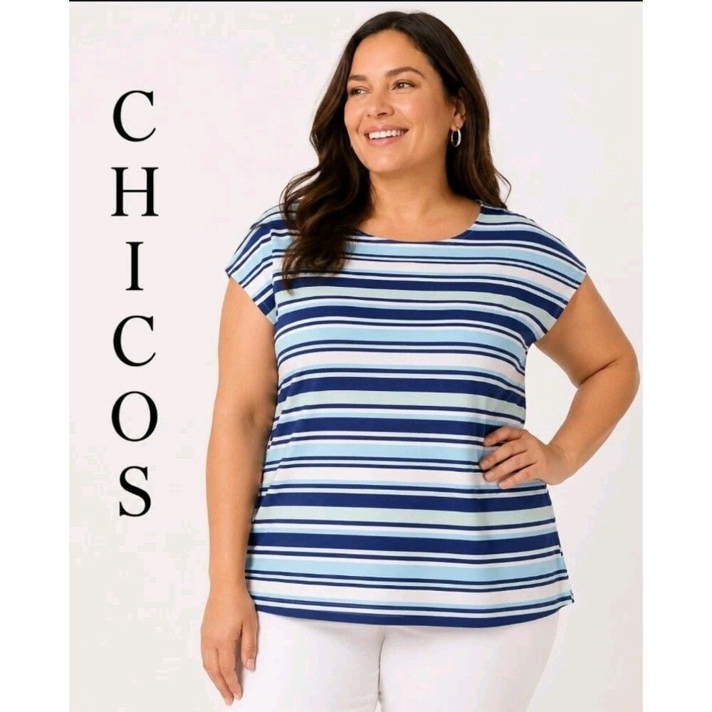Chicos Women 3 XL Stripe Polo Cap Slv Casual Activewear Golf Athleisure Blue Tee